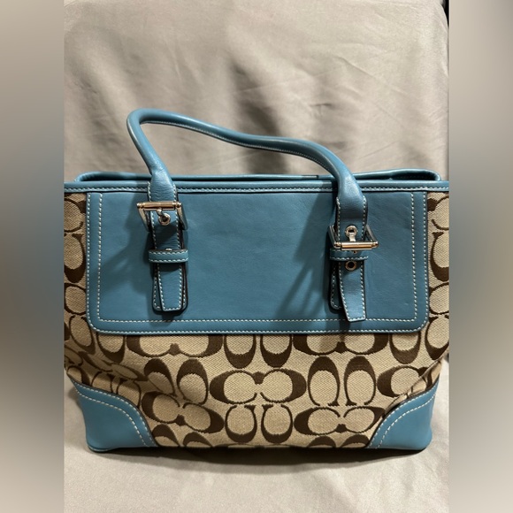 Coach Handbags - Coach Signature Canvas Tote with Blue Leather Trim